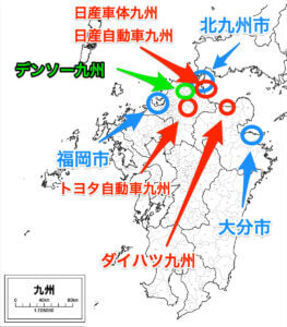 九州のおすすめ期間工の勤務地の地図